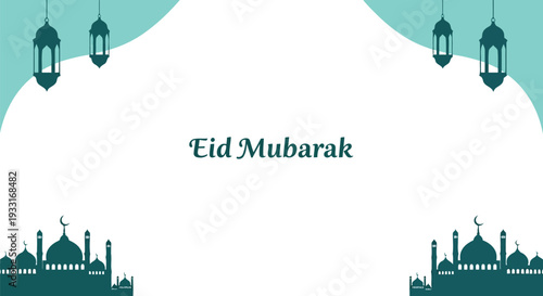 Eid Mubarak vector greeting card with mosque silhouette and lanterns, Islamic holiday background