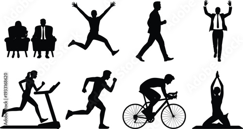 Active lifestyle silhouettes, fitness exercise figures, yoga meditation pose, running treadmill icon, cycling vector design, healthy living concept, black illustration art