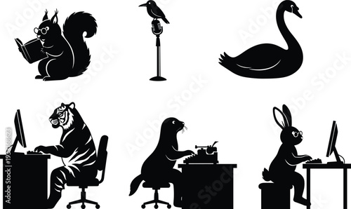 Animal silhouette illustration, anthropomorphic animals, squirrel reading, bird microphone, tiger typing, penguin typewriter, rabbit computer, creative concept, humorous design, black outline art