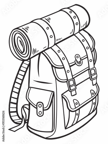 Simple black and white line drawing of a hiking backpack with rolled up sleeping bag attached to the top