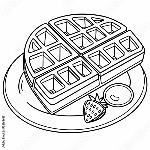Delicious waffles on a plate with strawberry and butter served for a tasty breakfast meal