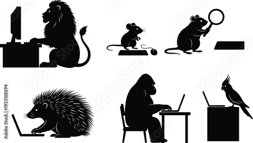 Animal technology silhouette, lion computer, mouse magnifying glass, porcupine laptop, gorilla typing, parrot laptop, humorous concept, creative illustration, black outline art