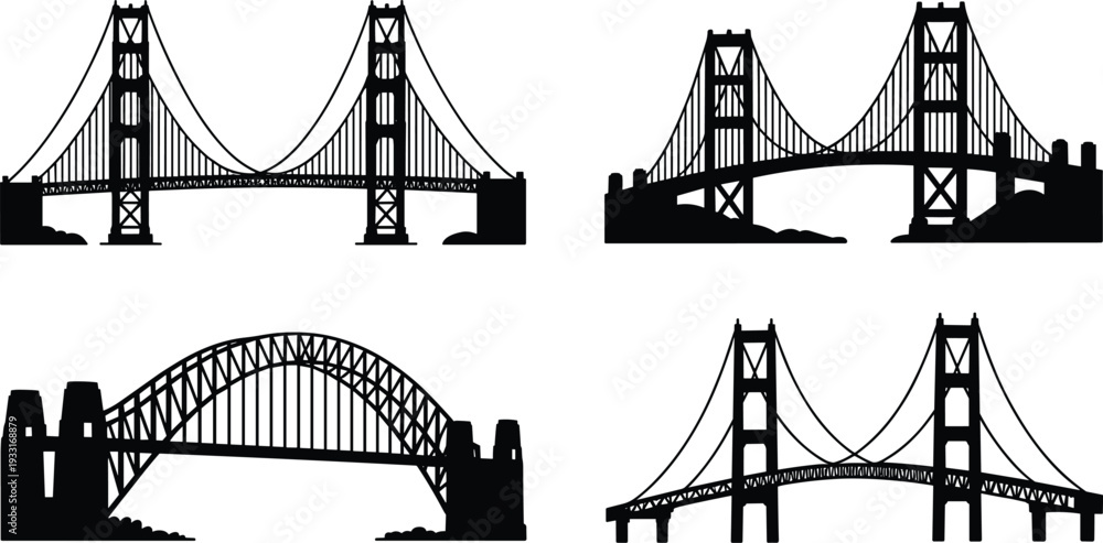 Fototapeta premium Bridge silhouettes, suspension bridge vector, arch bridge illustration, engineering design icons, architectural structure artwork, black construction concept, isolated graphic elements