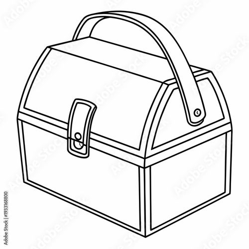 Simple black and white illustration of a vintage lunchbox with metal handle and latch on a plain white background for coloring and decoration
