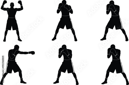 Boxer silhouettes, boxing stances vector, fighting poses illustration, martial arts concept, sports training design, black athlete icon, competitive boxing artwork