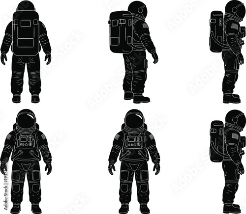 Astronaut silhouette illustration, space suit figures, different poses, front side angled views, exploration design, cosmic science, aerospace concept, black outline art