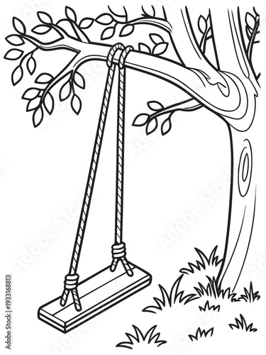 Simple black and white illustration of a wooden swing hanging from a tree branch with leaves and grass around it