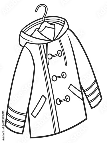 Simple black and white illustration of a duffel coat hanging on a hanger showcasing its distinctive design and functional details like toggle fastenings.