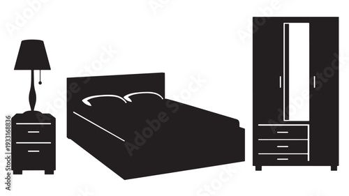 Set of 3 black and white bedroom furniture icons vector