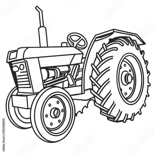 Simple black line drawing illustration of a tractor on a white background showcasing key features