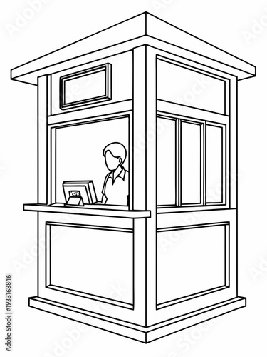 Security guard working in a booth with a computer and monitor