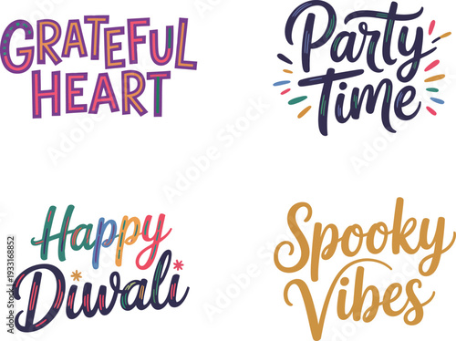 Colorful typographic phrases for celebrations and emotions