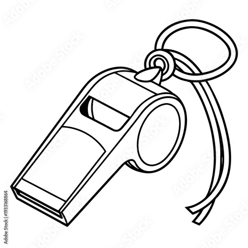 Simple black and white illustration of a whistle attached to a lanyard on a white background