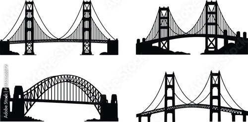 Bridge silhouettes, suspension bridge vector, arch bridge illustration, engineering design icons, architectural structure artwork, black construction concept, isolated graphic elements