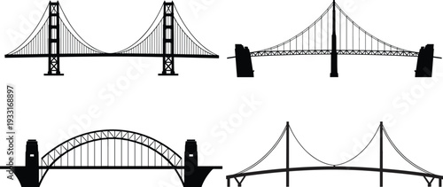 Bridge silhouette designs, suspension bridge, cable-stayed bridge, arch bridge, modern engineering, structural architecture, civil construction, landmark illustration, black outline art