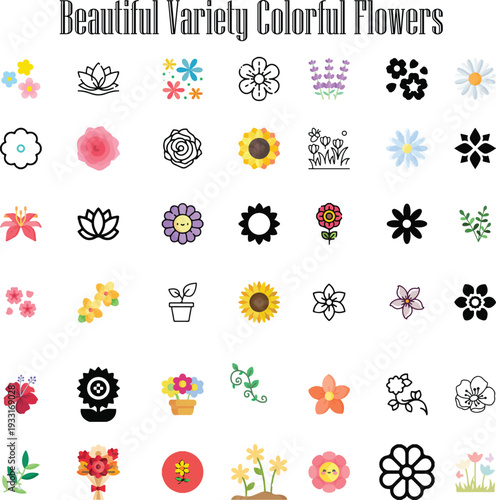 Beautiful Variety Colorful Flower Icon Set, Beautiful Variety of Colorful Flower and Botanical Icons Vector Illustration, Bundle of Minimalist Sunflower Lotus and Rose Floral Elements Isolated