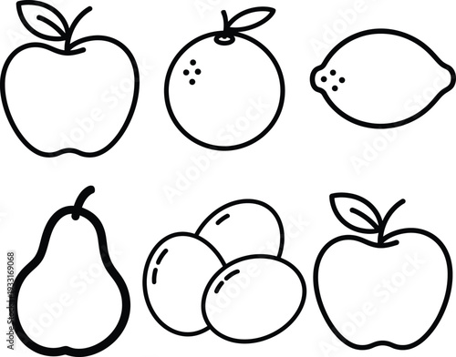 Simple line drawing of six different types of fruits in a grid layout