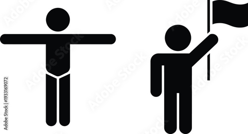 Two stick figures: one with arms outstretched and another holding a flag.