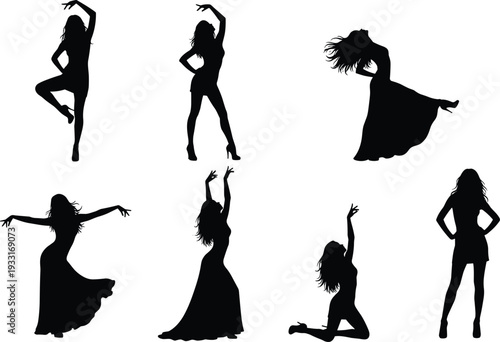 Dance silhouette illustration, women poses, expressive movement, flowing dresses, artistic choreography, performance art, human posture, cultural lifestyle, black outline design