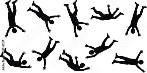 Falling people silhouettes, floating human figures, abstract motion design, chaotic body positions, black vector illustration, isolated silhouettes, artistic concept