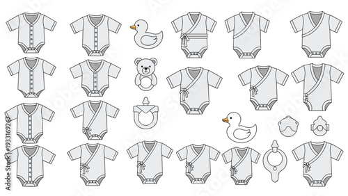 Large assortment of white baby onesies, rubber ducks, and rattle toys arranged in a neat grid for nursery or newborn shop marketing concepts.