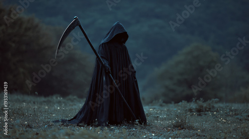 Grim reaper hooded figure dark cloak scythe night misty field eerie atmosphere fantasy horror death hood shadow silhouette mysterious spooky forest meadow grass landscape fog moody gothic