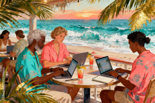 Conceptual Art of Freelancers and Students Working Remotely at a Sunny Beachfront