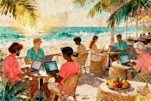 Wallpaper Mural Diverse Digital Nomads Working on Laptops at Tropical Beach Cafe During Sunset Torontodigital.ca