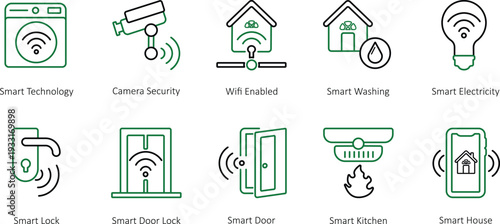 modern green and black line art icons representing smart home technology, IoT devices, and home automation systems.
