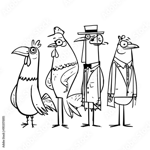 Four anthropomorphic chickens in business and casual attire stand together in a line looking in different directions with comedic expressions
