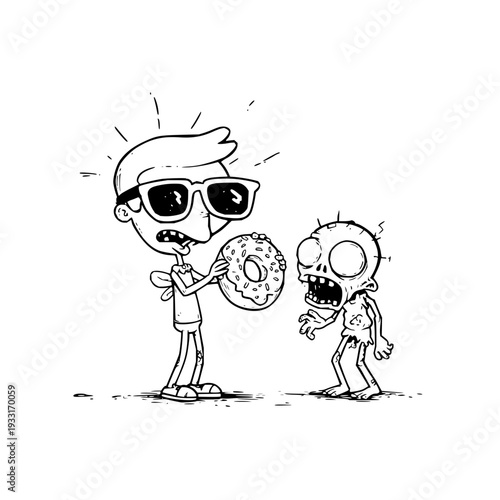 Cartoon zombie and man with donut humorous illustration of undead craving food apocalypse humor