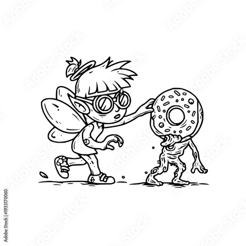Fairy offering giant donut to zombie black and white illustration whimsical scene fantasy creatures humorous concept