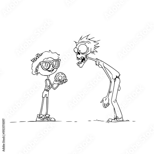 Cartoon zombie and girl with food humorous illustration of undead character and child with snack
