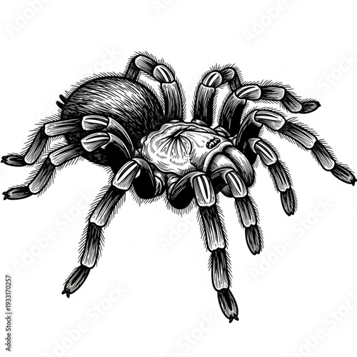 Engraving Style Tarantula Art Displaying a Dynamic Pose with Highly Defined Leg Segments and Body