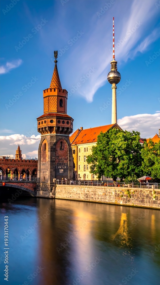 Fototapeta premium Waterway with old tower, distant sphere structure, blue sky, green trees