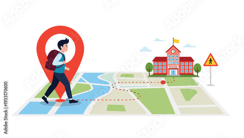 Illustration of a student walking on a large street map following a dotted line path from a location pin directly to a school building site.