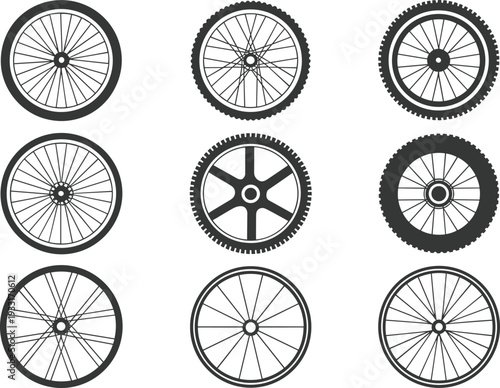 Bicycle wheel and tire silhouette collection featuring bike rim spoke vector illustration set isolated on dark background