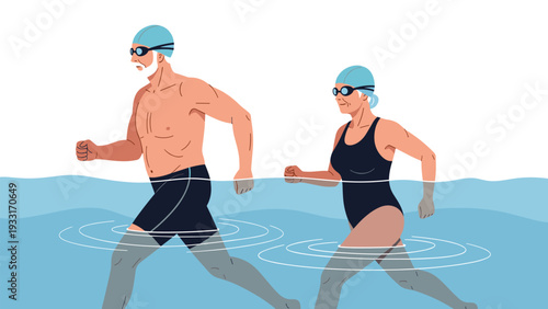 Active elderly man and woman wearing goggles and swim caps performing water aerobics or swimming in a bright blue pool for health and fitness.