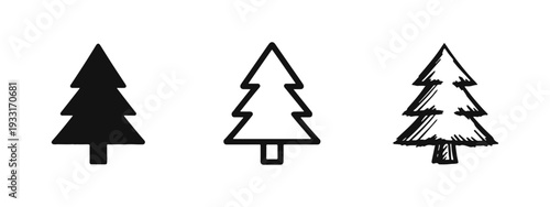 Hand-drawn Christmas Tree Icons Set. Festive minimalist pine tree illustrations for winter holidays and decoration.