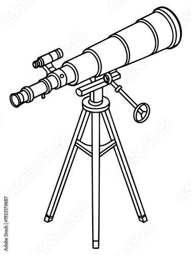Simple line drawing of a telescope on a tripod stand for stargazing and astronomy
