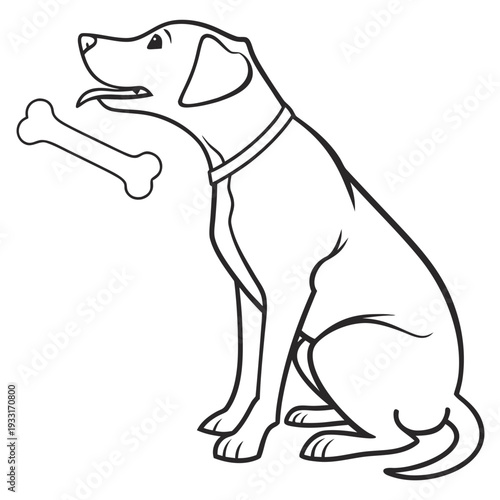 Adorable cartoon dog sitting with a bone in its mouth symbolizing loyalty and playfulness in a simple line art design perfect for pet lovers and animal enthusiasts.