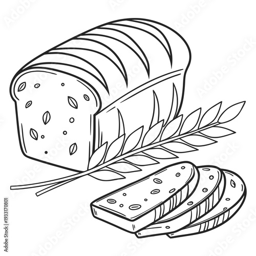 Freshly baked bread with slices and leafy garnish in simple black and white illustration