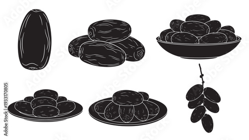 Set of 6 black olives vector illustrations