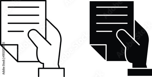 Document Verification Line Icon – Hand Holding Paper File Outline and Glyph Vector Illustration