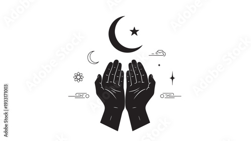Vector illustration of praying hands with Islamic symbols