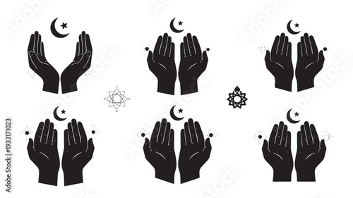 Set of 6 praying hands icons vector with moon and star symbols