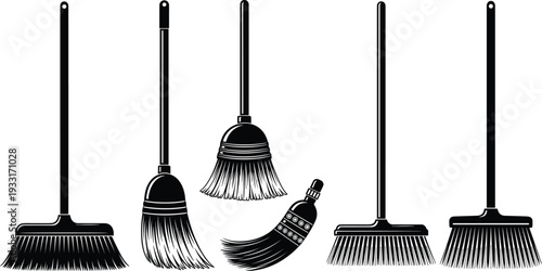 Assortment of Broom Silhouettes for Cleaning on White Background hygiene sanitation