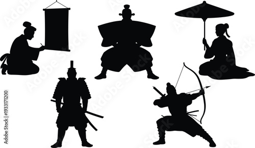 Japanese culture silhouettes, samurai warrior vector, archer stance illustration, traditional attire artwork, cultural heritage design, black icon graphics, historical art concept