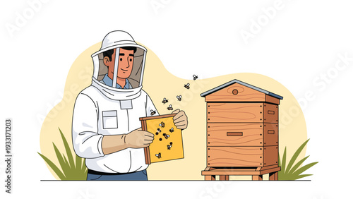 Skilled beekeeper in a protective suit diligently inspecting a beehive, surrounded by active, buzzing bees, ensuring their well-being.
