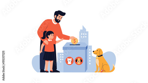 Father and daughter lovingly donating money to an animal shelter contribution box, with a happy dog nearby, promoting animal welfare and charity.